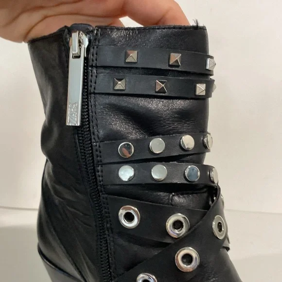 Zara Black Studded Leather Heeled Ankle Size 6 - Picture 7 of 14